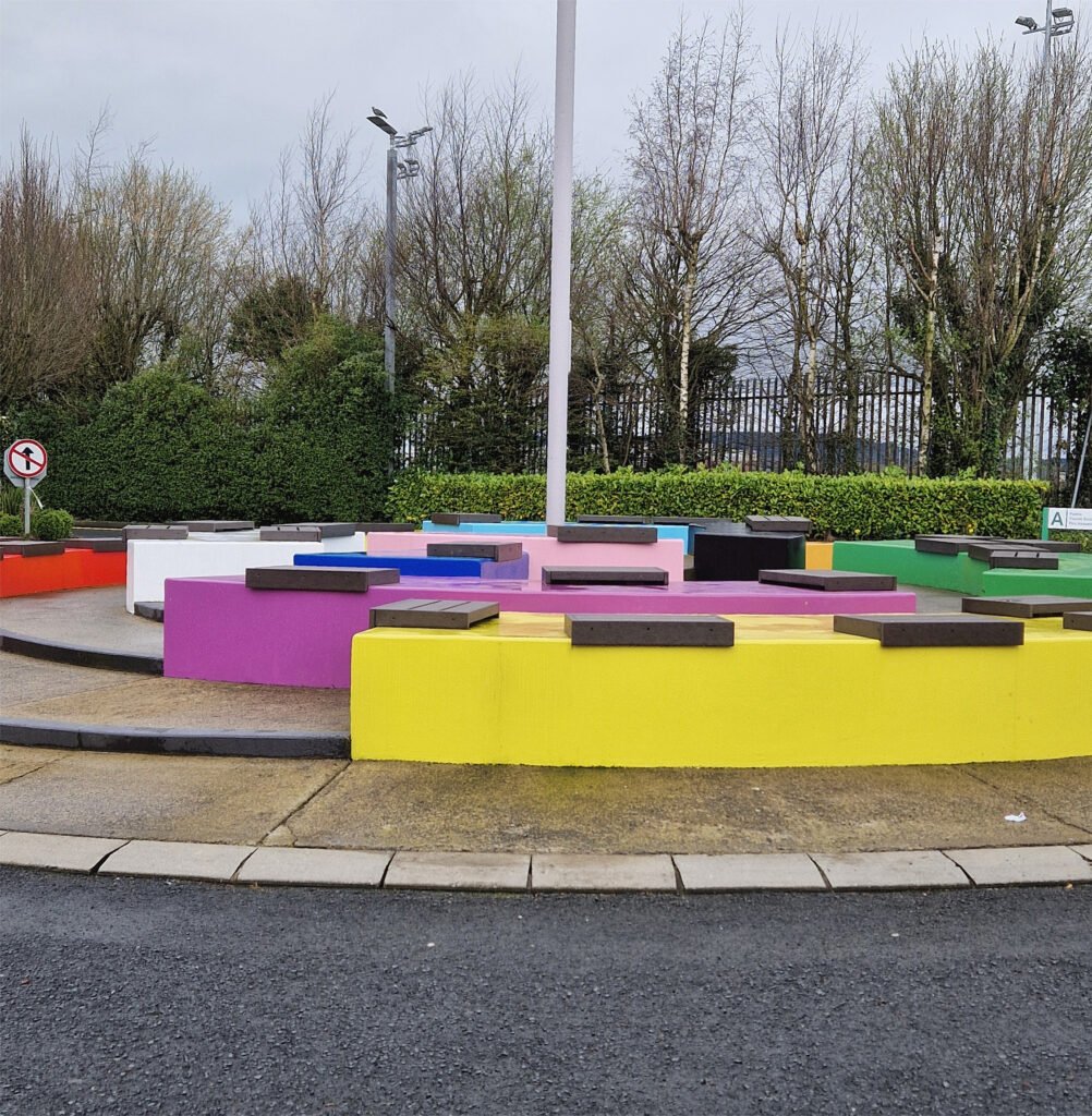 The seating area at our Moylish campus, decorated in Pride colours